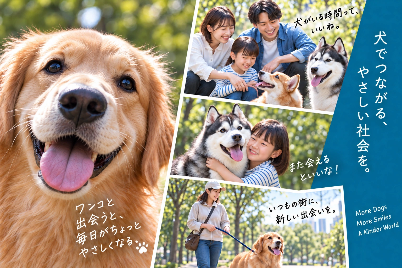 ゴールデンレトリバーとシベリアンハスキーを囲み、若い夫婦、小学生、リードを持つドッグオーナーが交流する様子